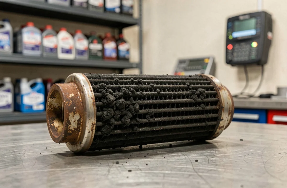 Filtre à particules diesel encrassé avec dépôts de suie noire posé sur un établi de garage