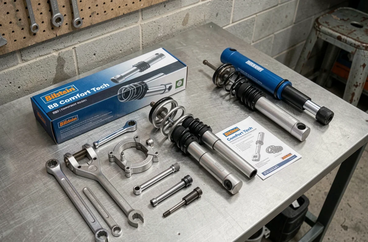 Vue à plat des amortisseurs Bilstein B8 Comfort Tech et des outils d'installation disposés sur un établi d'atelier professionnel