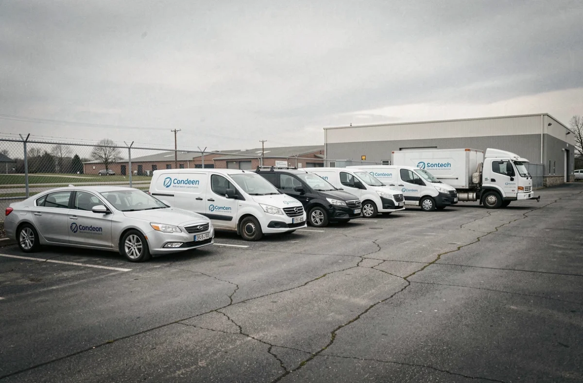 Flotte de véhicules d'entreprise garés dans un parking sécurisé incluant berlines, camionnettes et utilitaires