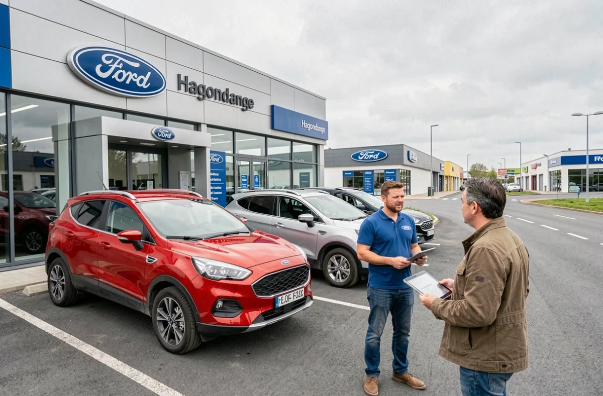 Extérieur du concessionnaire Ford à Hagondange avec un Puma rouge et un Kuga argent et un commercial accueillant un client sur le parvis