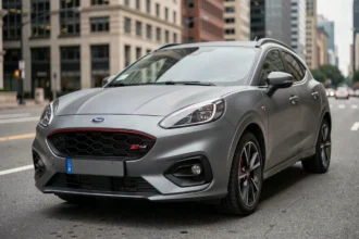 Ford Puma gris solaire ST-Line garé en ville, vue 3/4 avant mettant en valeur le design sportif et les accents rouges