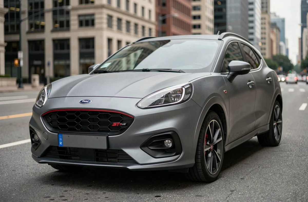 Ford Puma gris solaire ST-Line garé en ville, vue 3/4 avant mettant en valeur le design sportif et les accents rouges
