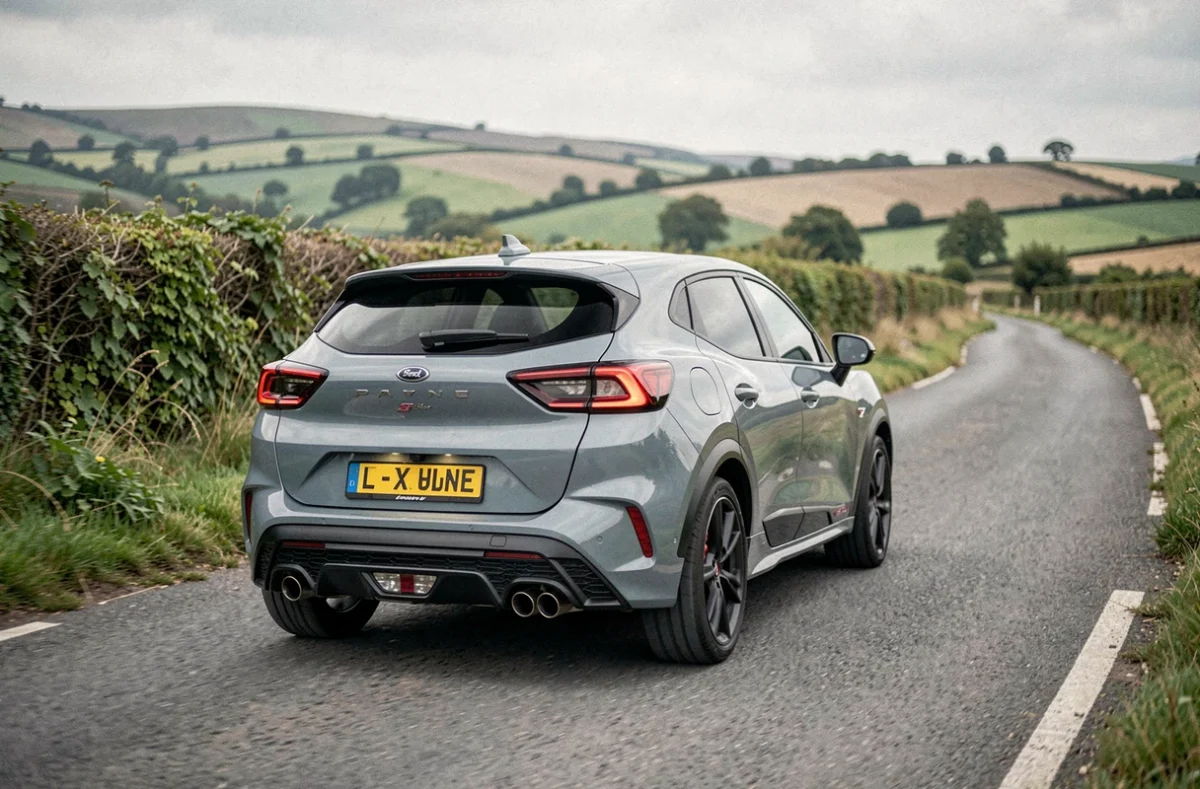 Arrière du Ford Puma ST-Line gris solaire sur une route de campagne, soulignant le design sportif de la finition
