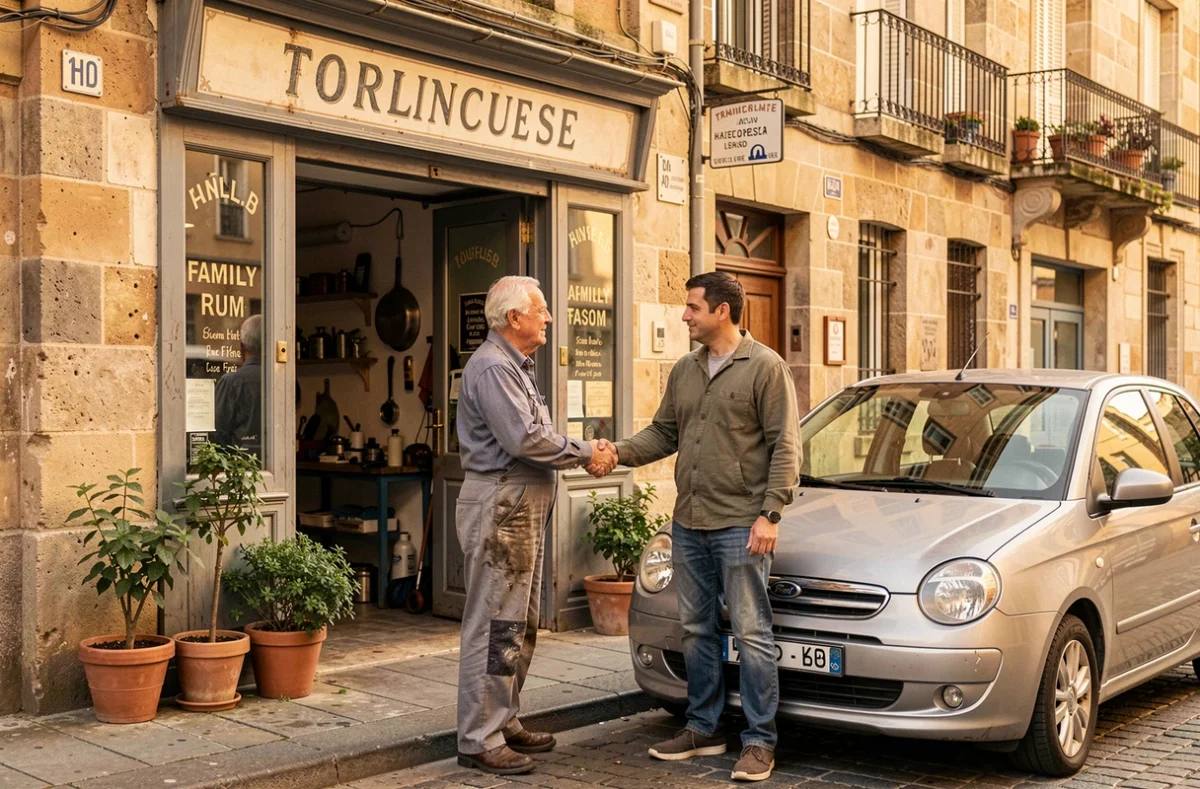 Mécanicien du Garage Domingues en centre-ville de Toulouse saluant un client devant sa boutique familiale en briques roses