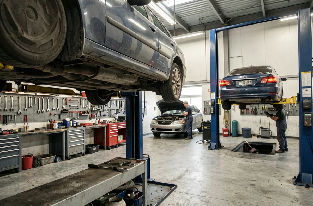 Atelier du Garage Georges avec deux véhicules sur ponts élévateurs et des mécaniciens réalisant des réparations toutes marques