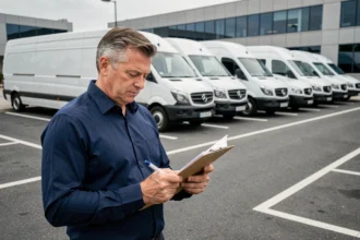 Gestionnaire de flotte automobile examinant des documents devant une rangée de véhicules d'entreprise dans un parking