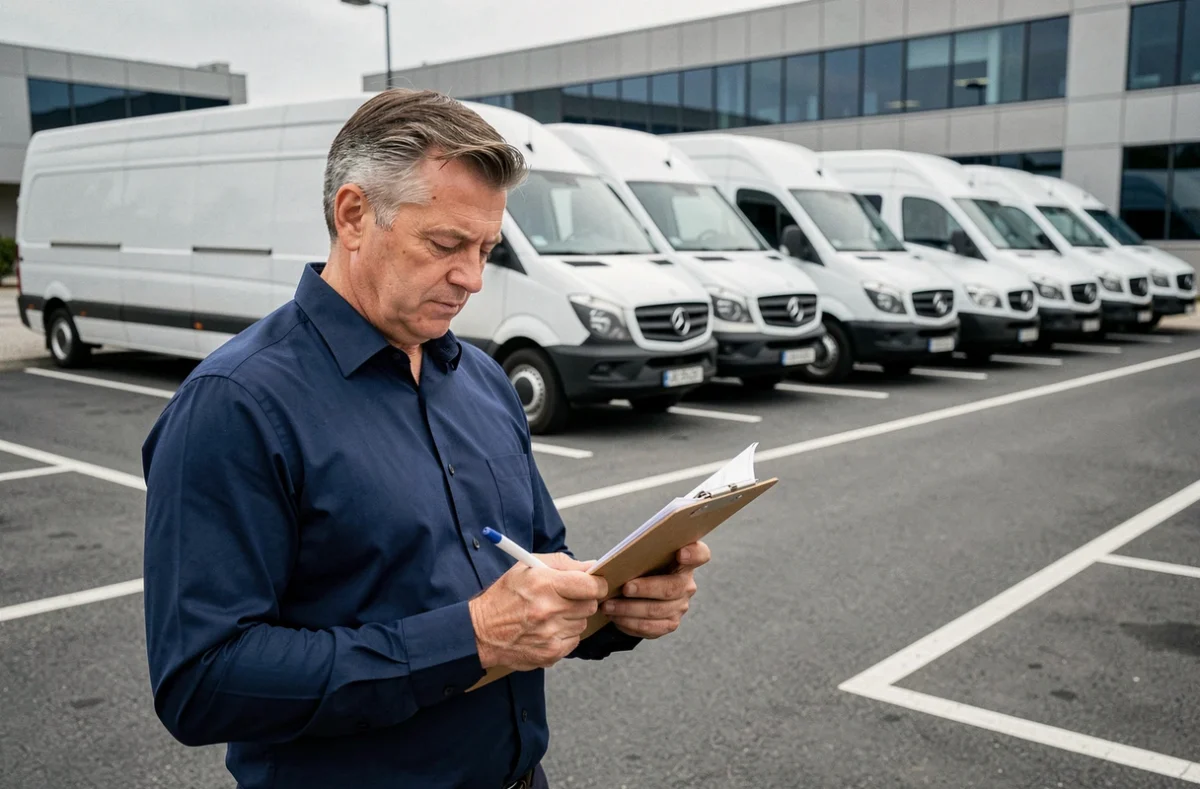 Gestionnaire de flotte automobile examinant des documents devant une rangée de véhicules d'entreprise dans un parking