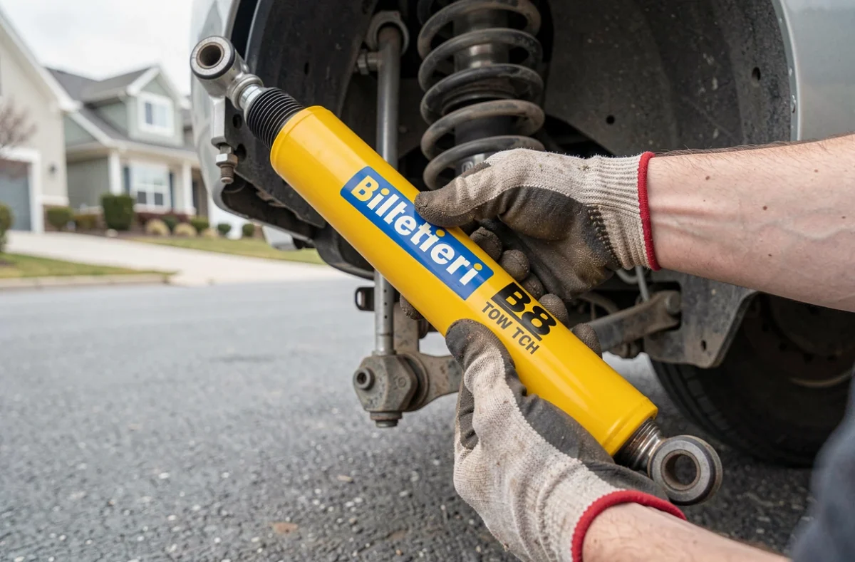 Gros plan sur un amortisseur Bilstein B8 Comfort Tech neuf tenu par des mains gantées lors d'une installation DIY sur voiture