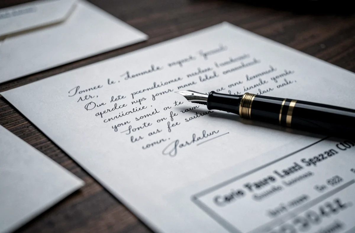 Gros plan d'une lettre de résiliation d'assurance auto manuscrite avec stylo plume et enveloppe sur table en bois