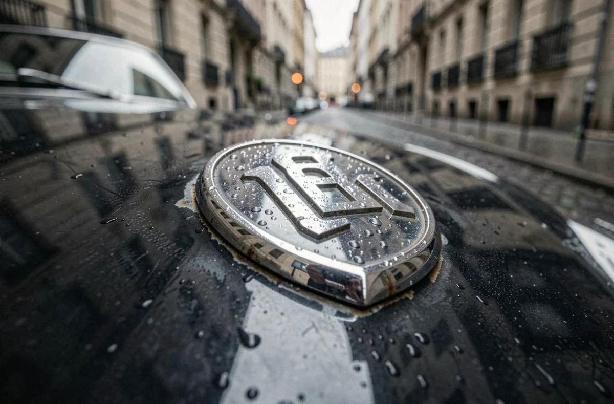 Gros plan macro sur un emblème chromé de marque automobile avec des gouttes de pluie sur une carrosserie vintage
