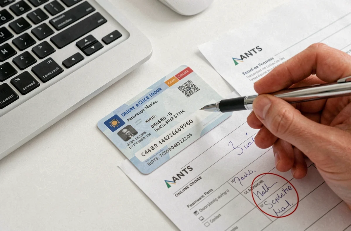 Gros plan sur un permis de conduire français posé sur un bureau avec un formulaire ANTS annoté, illustrant une erreur de numéro dans les démarches en ligne