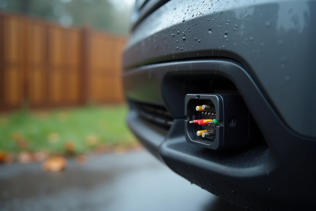 Gros plan d'une prise remorque 13 broches étanche avec câbles colorés sous la pluie sur un véhicule SUV