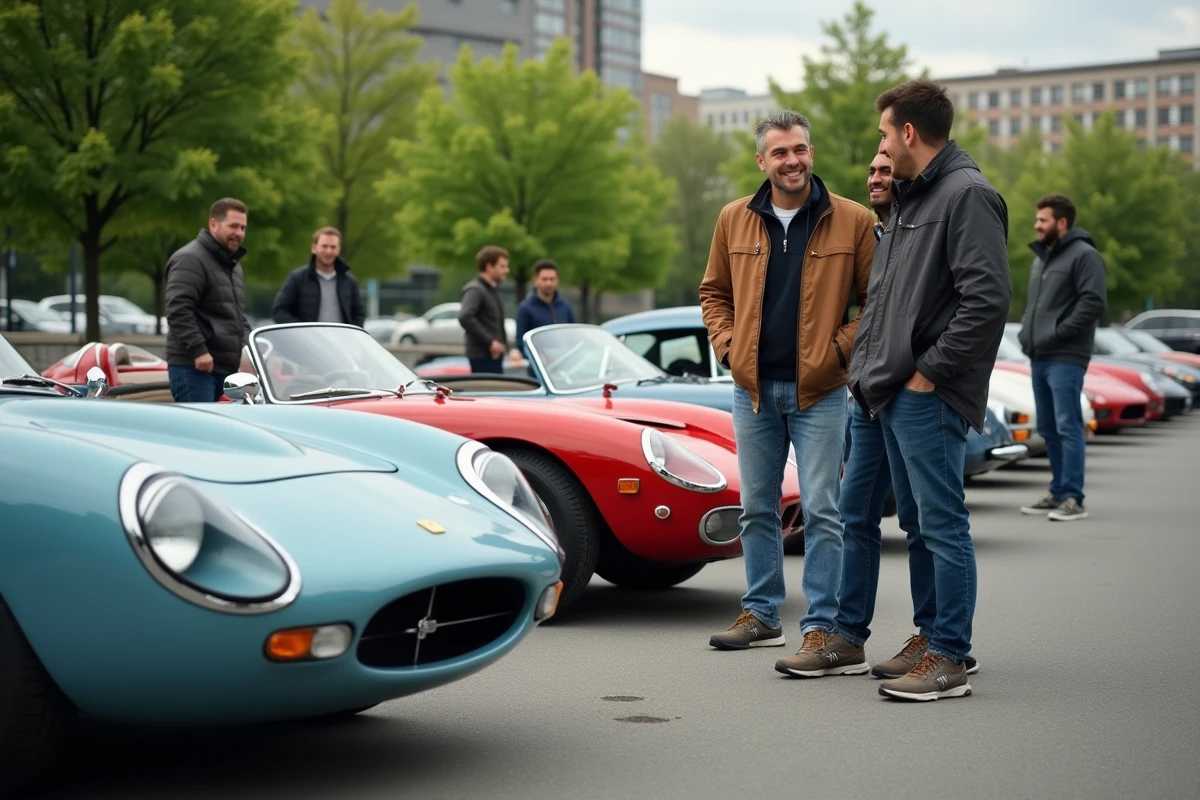 Groupe d'amateurs de voitures vintage et modernes lors d'une rencontre