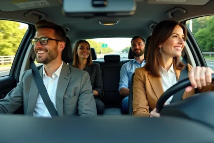 Groupe d'adultes souriants dans une voiture moderne en déplacement