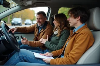 Quatre adultes discutent dans une voiture moderne