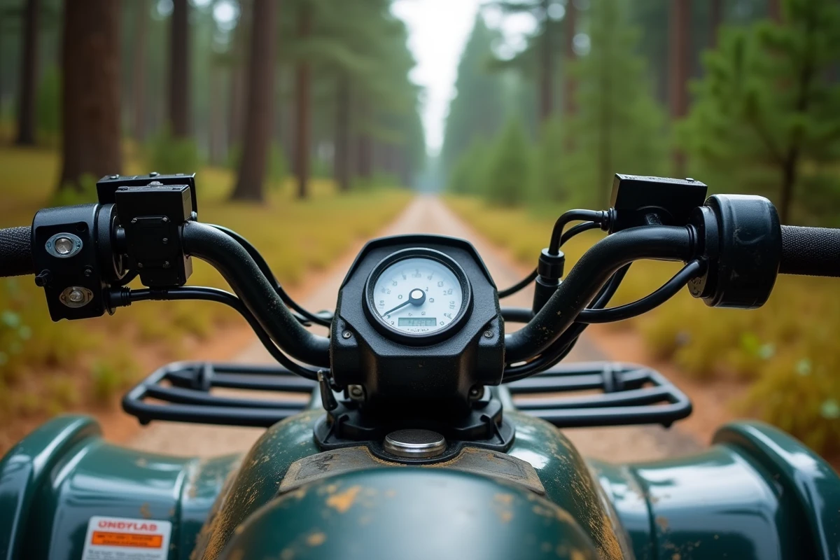 Gros plan sur le guidon et le tableau de bord d'un quad sans plaque d'immatriculation garé sur un chemin forestier