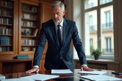 Homme d'affaires en costume dans un bureau parisien