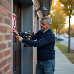 Empêcher le stationnement devant mon garage : solutions efficaces et pratiques Homme posant un panneau de stationnement interdit devant son garage