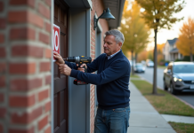Homme posant un panneau de stationnement interdit devant son garage