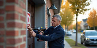 Homme posant un panneau de stationnement interdit devant son garage
