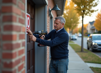 Empêcher le stationnement devant mon garage : solutions efficaces et pratiques Homme posant un panneau de stationnement interdit devant son garage