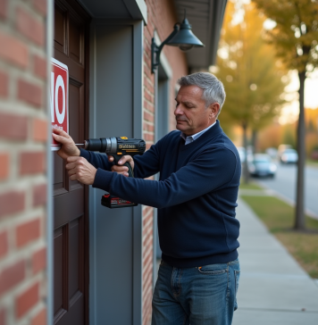 Homme posant un panneau de stationnement interdit devant son garage