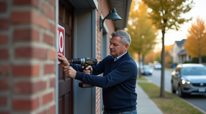 Empêcher le stationnement devant mon garage : solutions efficaces et pratiques Homme posant un panneau de stationnement interdit devant son garage