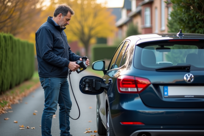 Homme versant un additif antipollution dans sa voiture