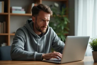 Homme consultant une annonce Leboncoin payante sur son ordinateur portable à son bureau à domicile