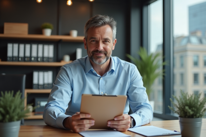 Homme d'âge moyen examinant documents d'assurance voiture