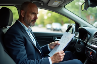 Homme d'affaires en costume examine un document d'assurance voiture