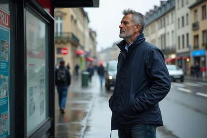 Homme contemplant une affiche VRU à Chambéry