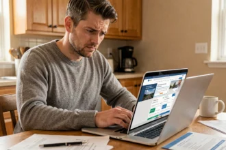 Un homme consulte des avis sur l'assurance auto pas chère sur son ordinateur portable avec une expression sceptique