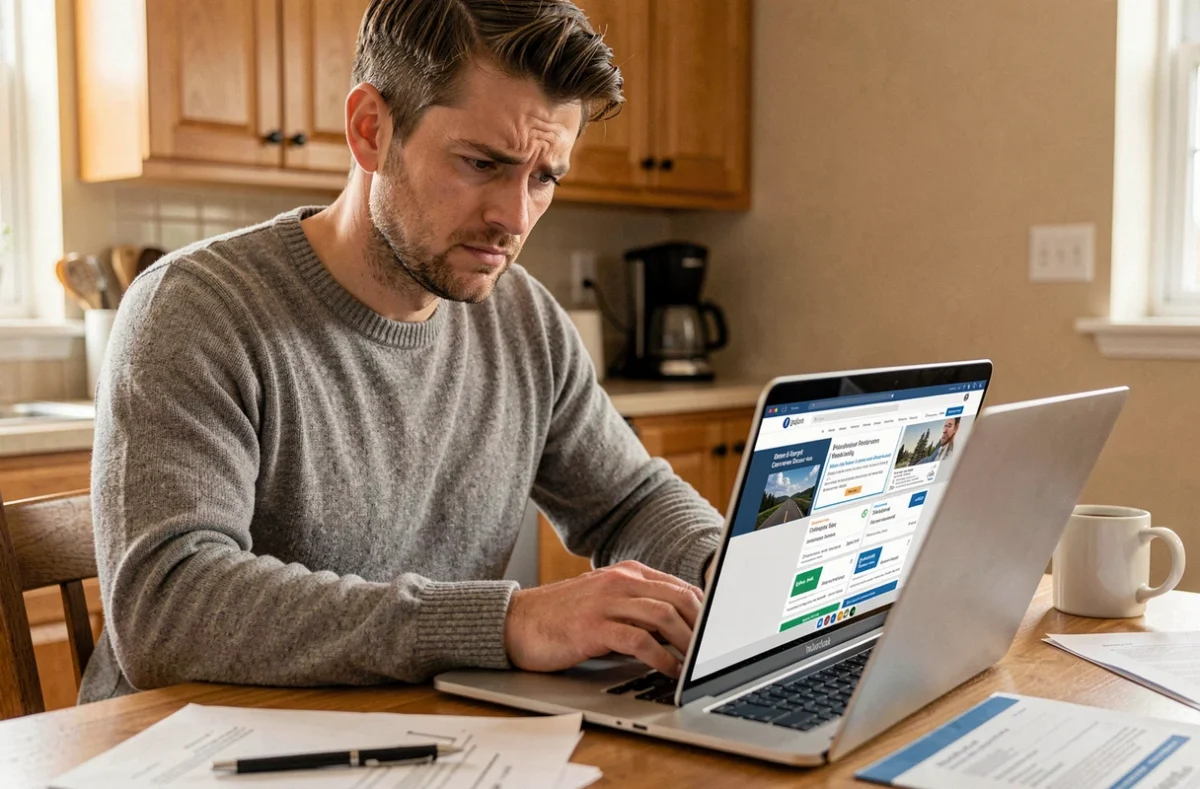 Un homme consulte des avis sur l'assurance auto pas chère sur son ordinateur portable avec une expression sceptique