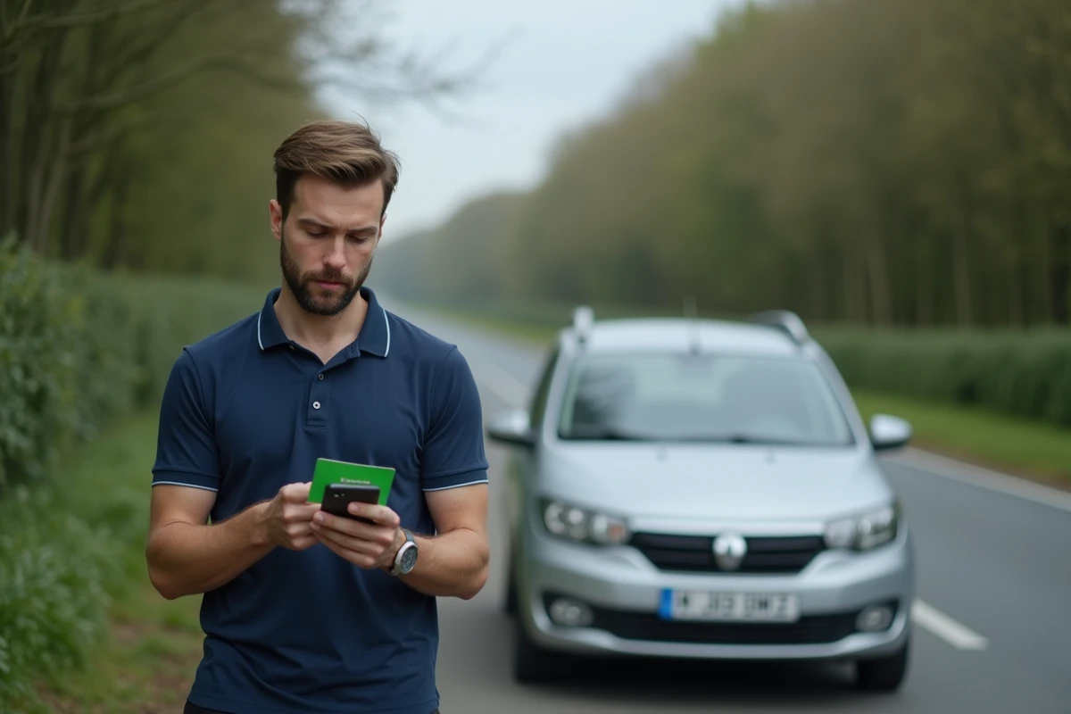 Homme au bord de la route consultant le numéro d'assistance sur sa carte verte Groupama