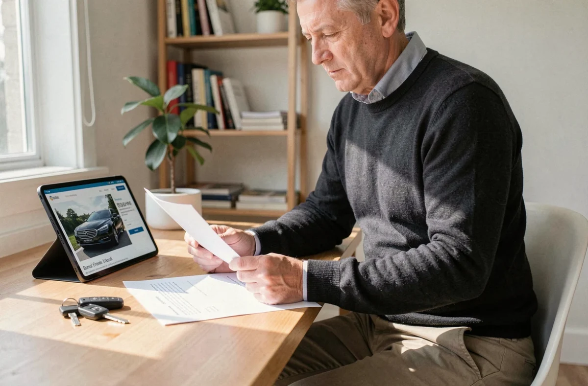 Homme mature en pull sombre consultant des documents de vente automobile sur un bureau à domicile avec tablette et clés de voiture
