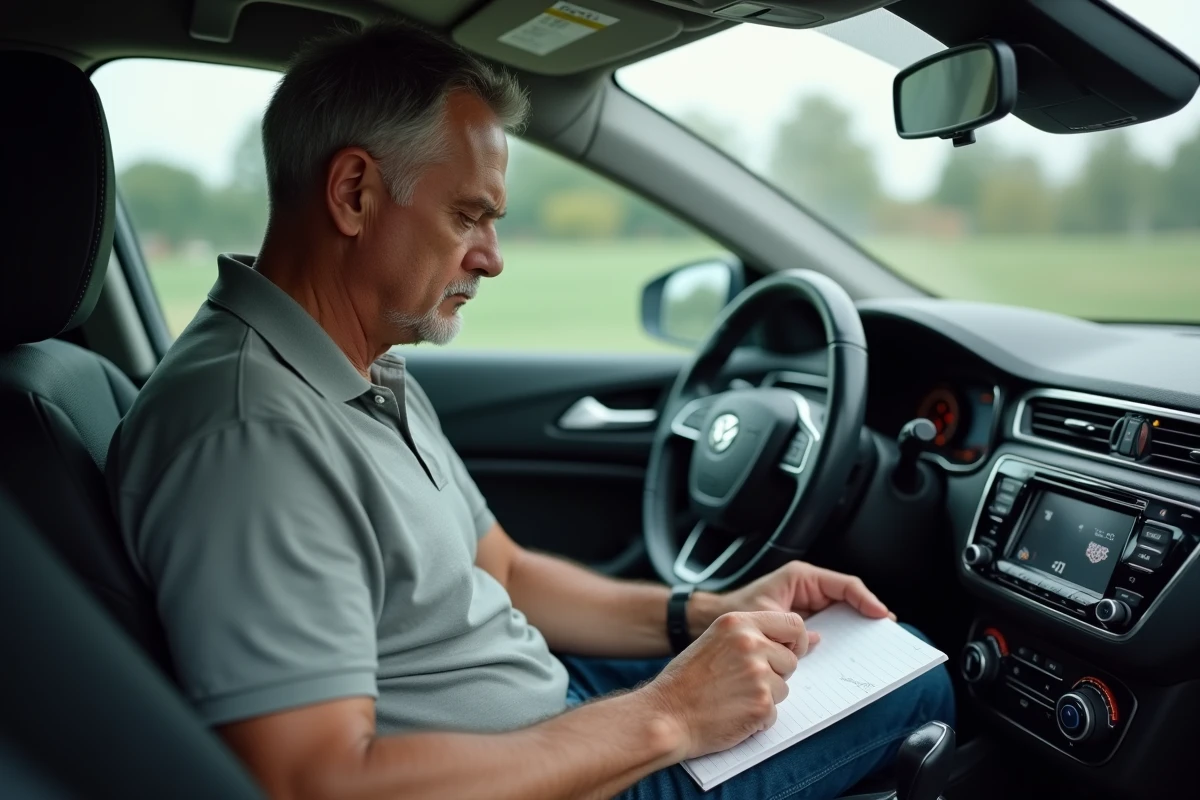 Homme concentré réglant la radio dans sa voiture