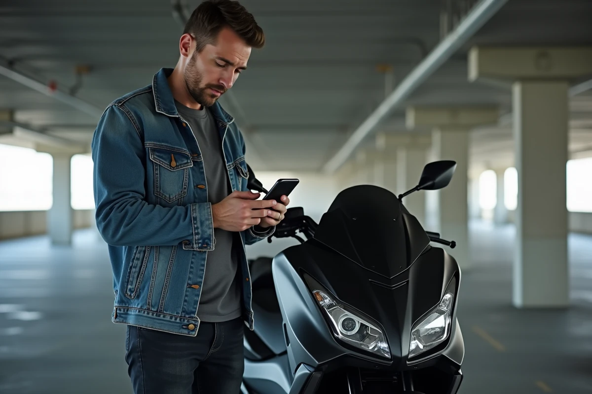 Homme consultant une annonce de TMAX 750 sur smartphone dans un parking