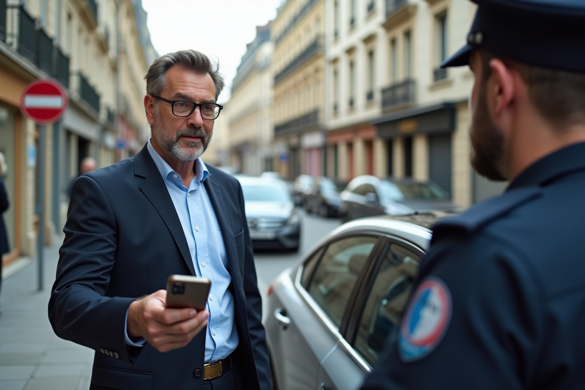 Homme montrant permis digital à un policier dans la rue