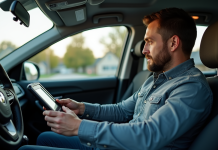Homme utilisant un scanner de diagnostic dans une voiture moderne