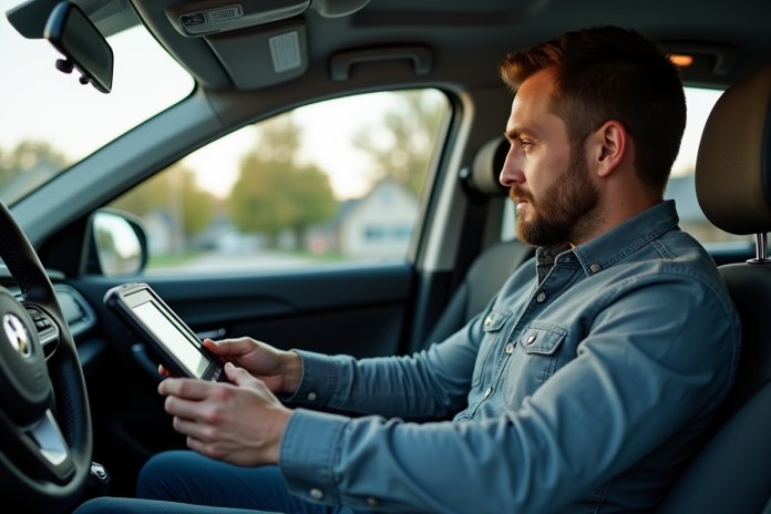 Homme utilisant un scanner de diagnostic dans une voiture moderne