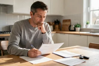 Homme consultant des documents d'assurance auto à une table de cuisine, réfléchissant à la suspension de son contrat