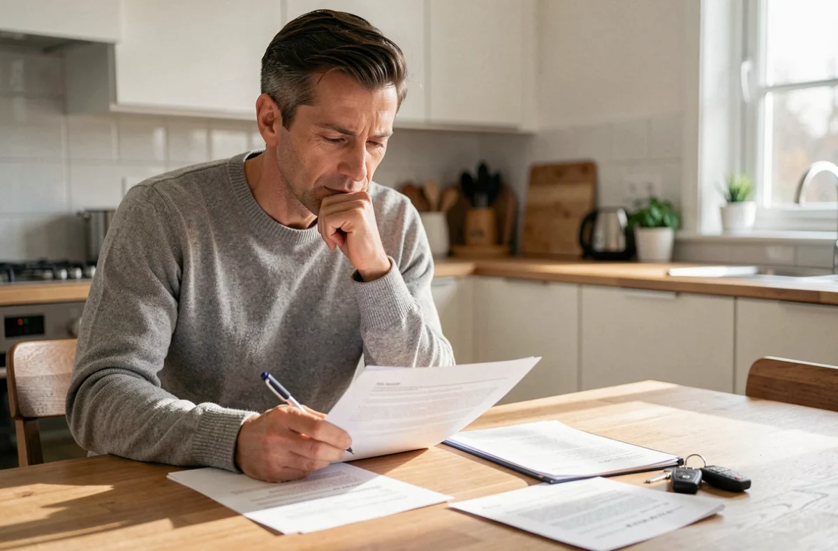 Homme consultant des documents d'assurance auto à une table de cuisine, réfléchissant à la suspension de son contrat