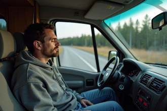 Homme endormi dans un van de camping au bord d'une route