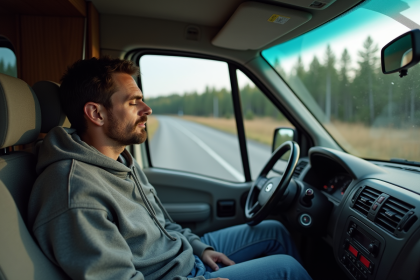 Homme endormi dans un van de camping au bord d'une route