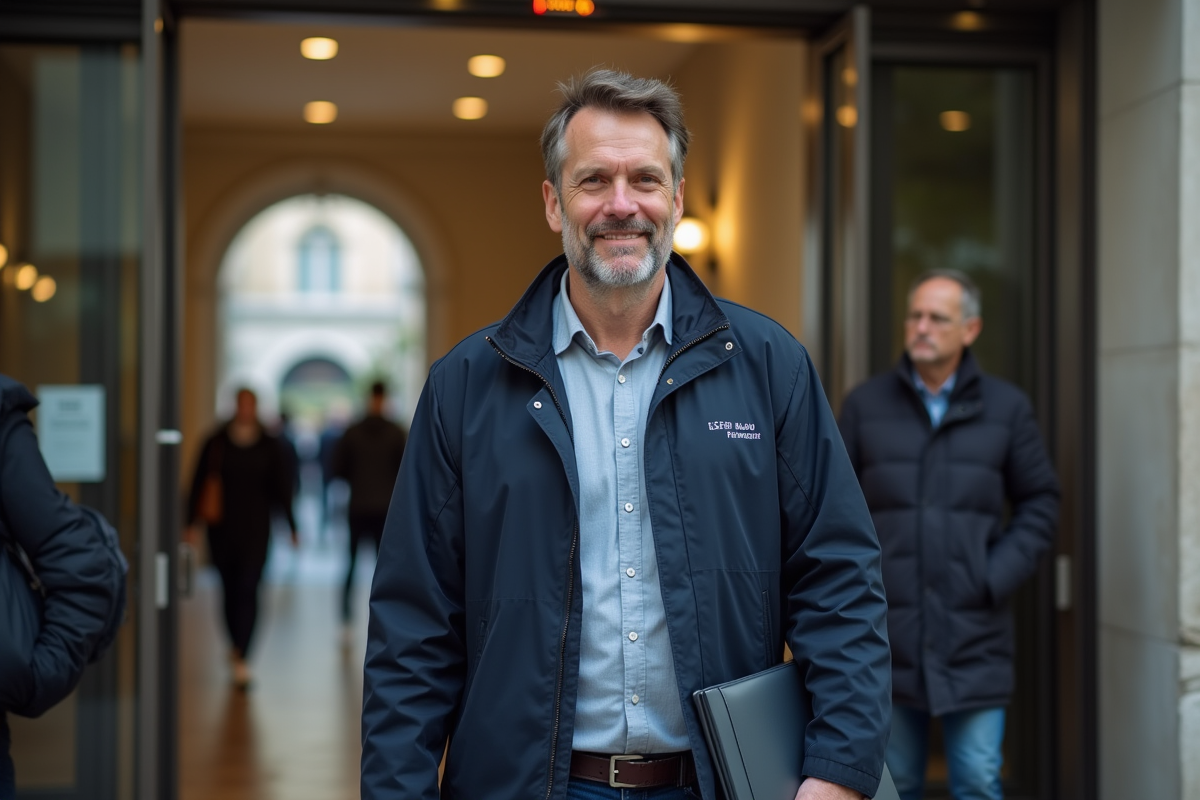 Homme devant un bâtiment administratif français avec document