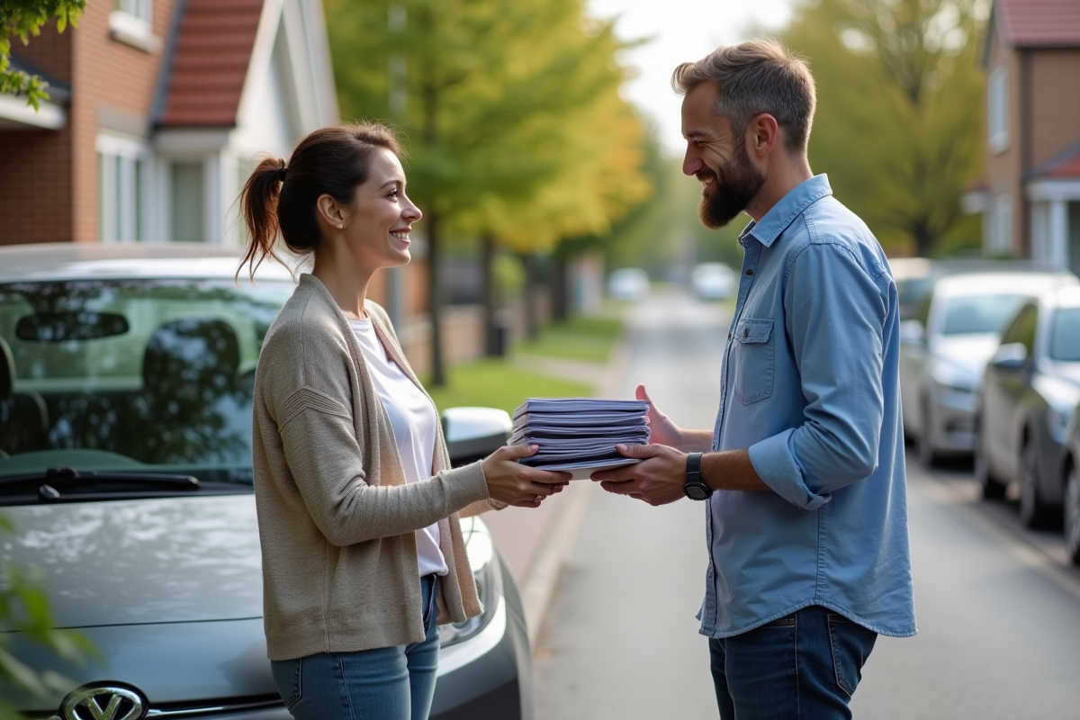 Homme et femme échangeant des documents devant une voiture