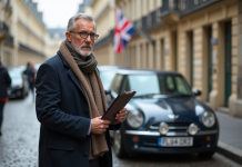 Homme français examinant une voiture britannique devant une préfecture