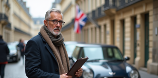 Homme français examinant une voiture britannique devant une préfecture
