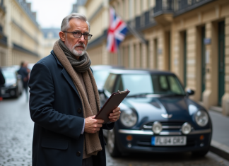 Dédouaner une voiture anglaise en France : démarches et conseils pratiques Homme français examinant une voiture britannique devant une préfecture
